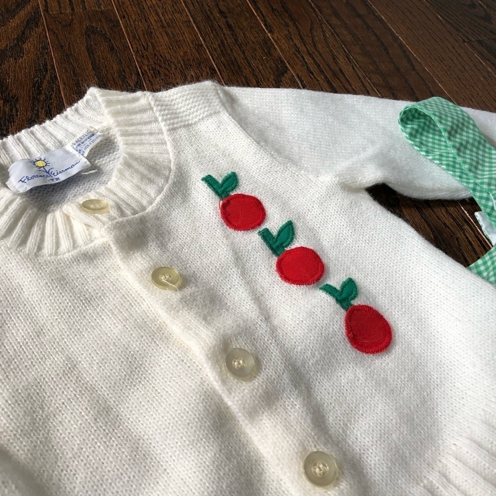 Vintage Florence Eiseman Girls 2T Cherries Sweater w/Green/White Gingham Jumper - Picture 3 of 16